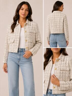 NWT Bishop + Young Parker Tweed Jacket Windowpane Cropped Size M